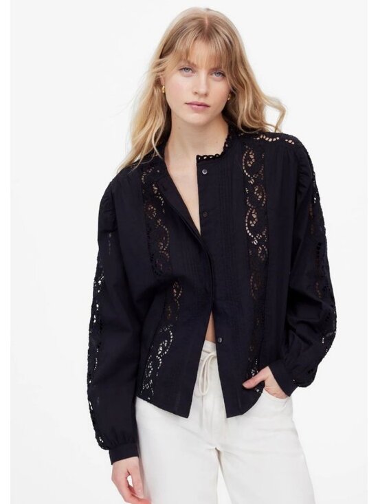 Madewell Tops - Madewell Lace-Inset Pintucked Button-Up Top Women's Size Small in Jet Black NWT!